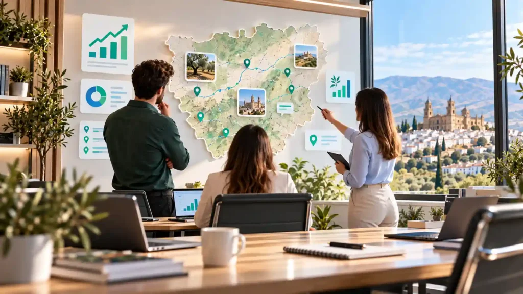 Profesionales de marketing digital analizando un mapa de la provincia de Jaén con gráficas de posicionamiento