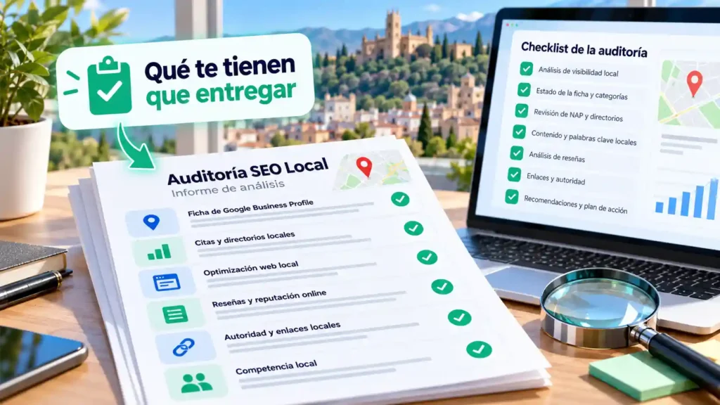 Informe de auditoría SEO local con checklist y lupa sobre una mesa, con Jaén al fondo