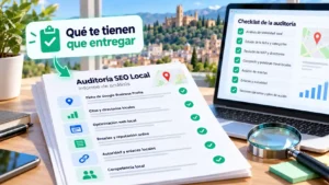 Informe de auditoría SEO local con checklist y lupa sobre una mesa, con Jaén al fondo
