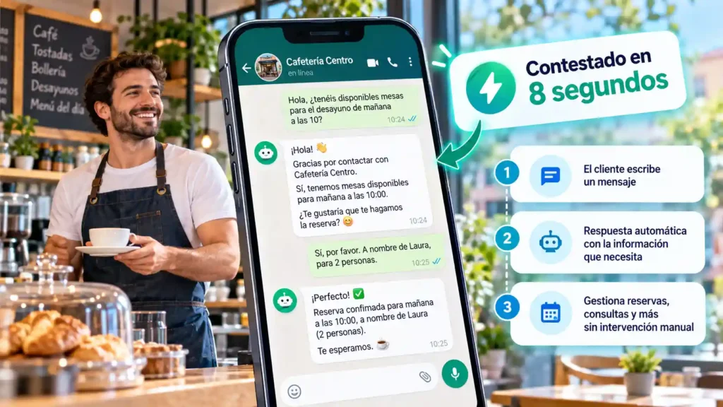 Automatización de WhatsApp en una cafetería: el cliente recibe respuesta automática en 8 segundos