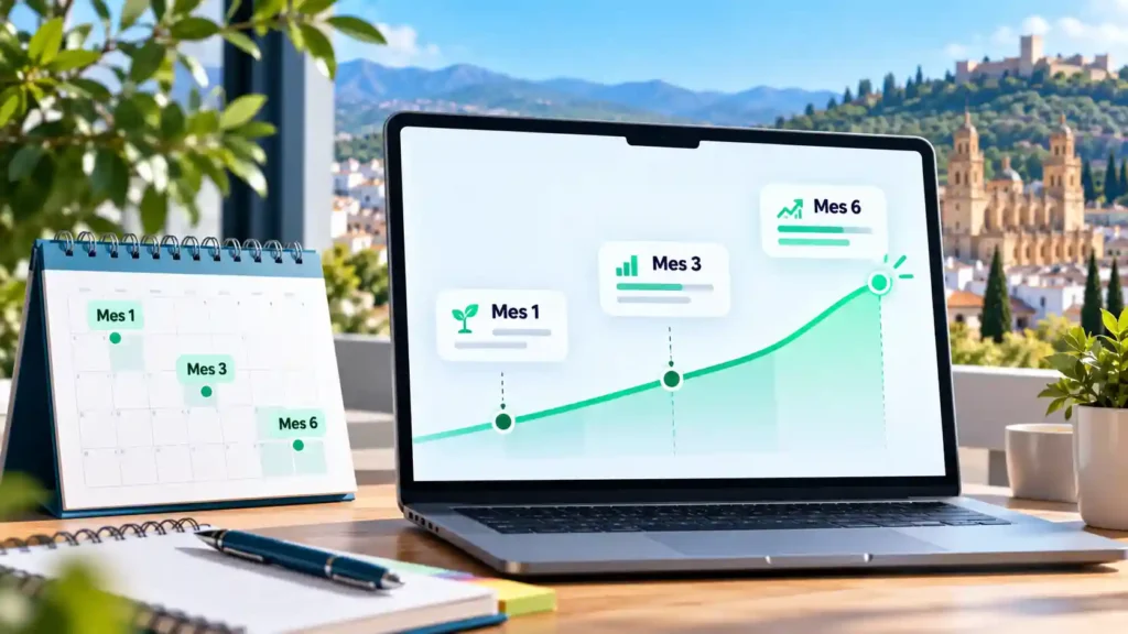 Cuánto tarda el SEO en dar resultados: línea de tiempo con hitos a los 1, 3 y 6 meses en un portátil