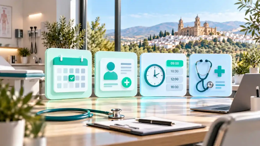 Consulta médica en Jaén con iconos de calendario de citas, ficha de paciente y fonendoscopio
