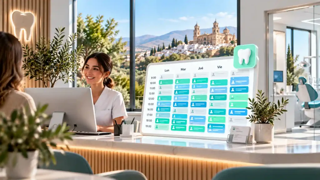 Recepción de una clínica dental en Jaén con la agenda de citas completa en pantalla