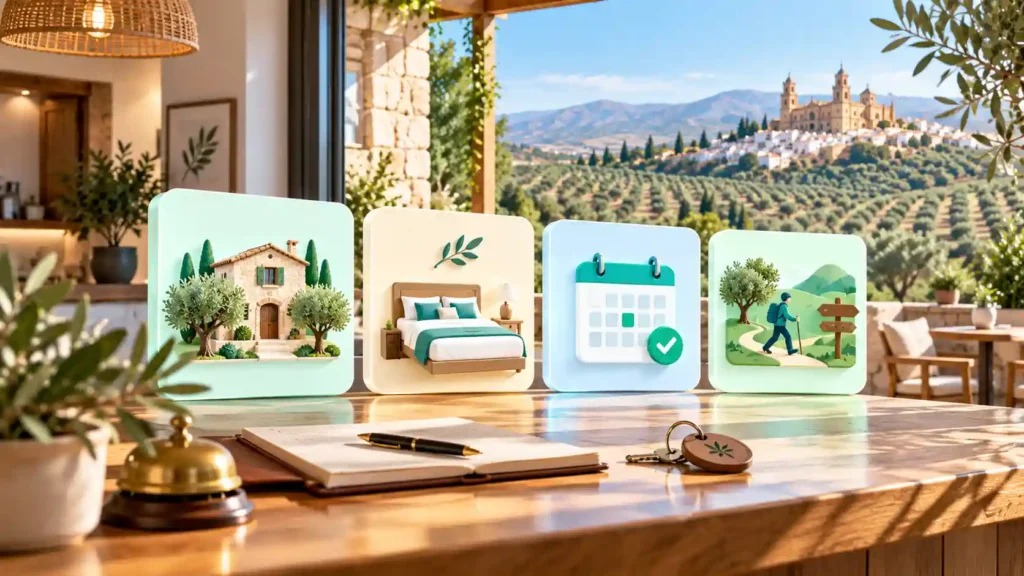 Recepción de una casa rural en Jaén con iconos de reservas, alojamiento y rutas entre olivares