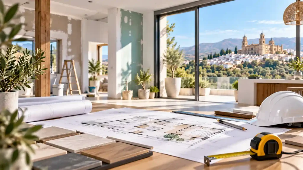 Vivienda en reforma en Jaén con planos, casco de obra y cinta métrica sobre la mesa