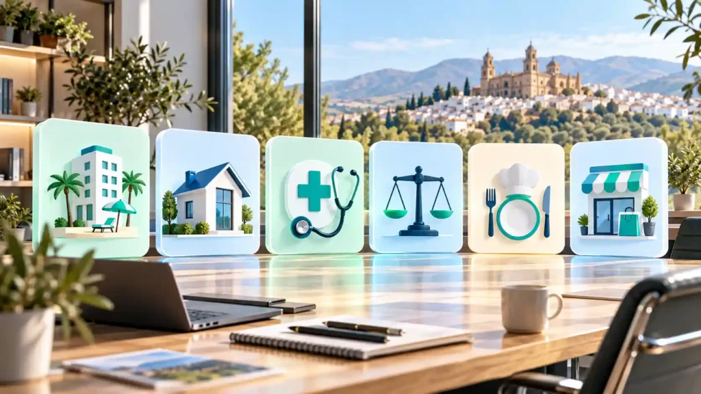Marketing digital por sectores en Jaén: iconos de hotel, vivienda, salud, despacho legal, restauración y comercio