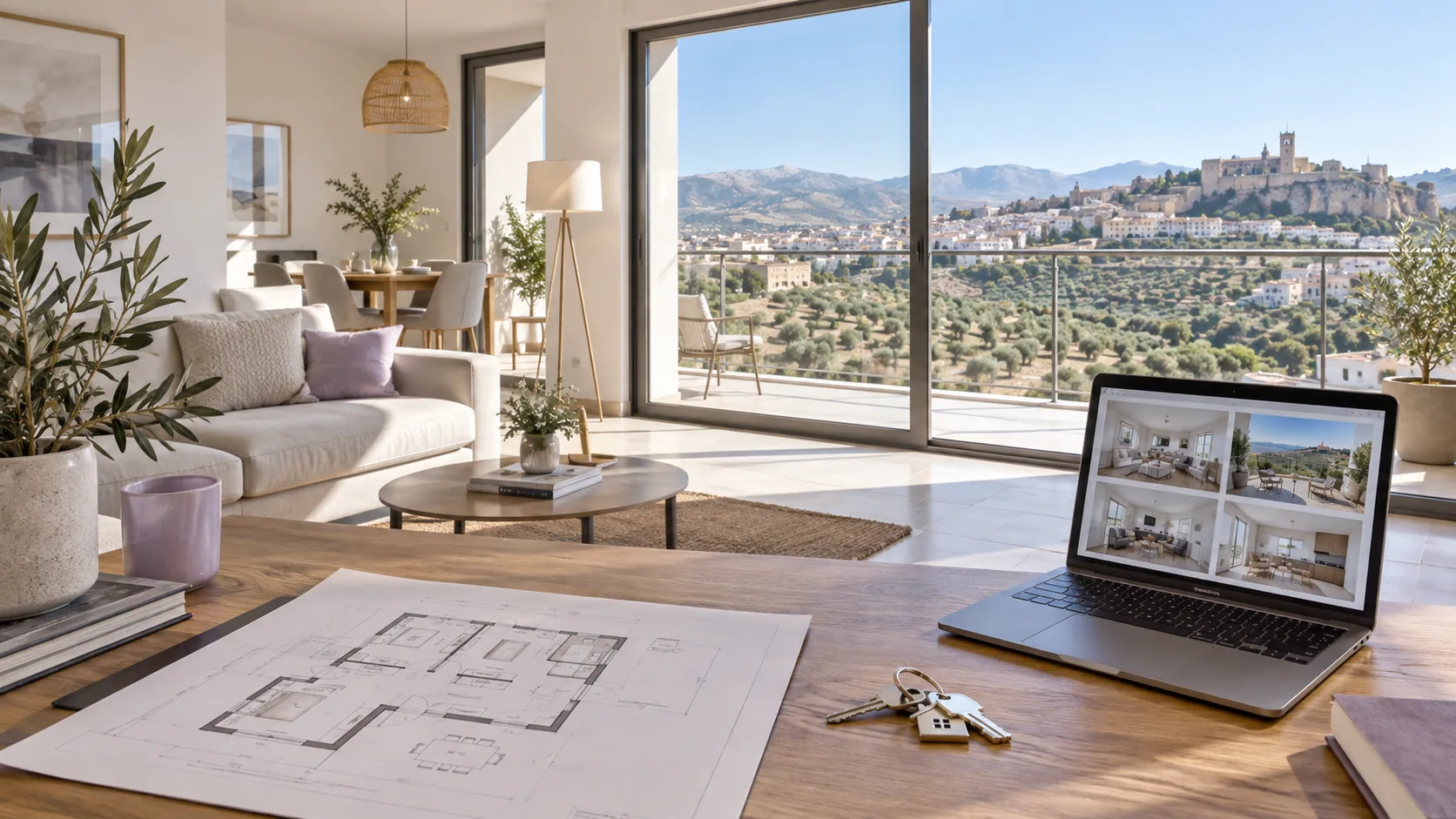 Imagen ilustrativa de una vivienda y una mesa de trabajo inmobiliario