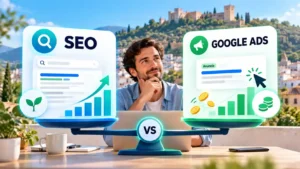 Balanza que compara SEO y Google Ads para un autónomo de Jaén que decide dónde invertir