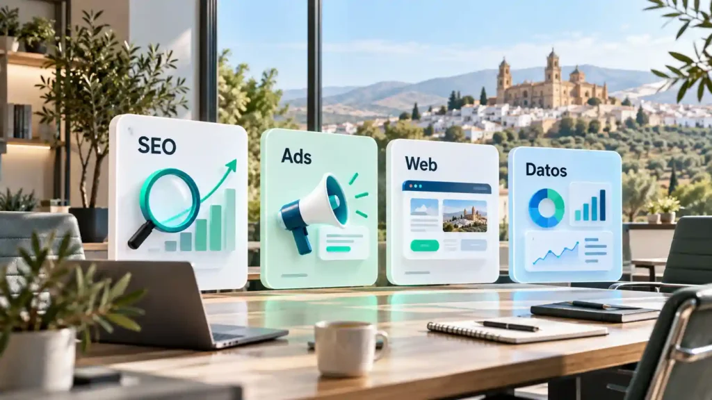 Servicios de marketing digital en Jaén: iconos de SEO, Ads, Web y Datos sobre una mesa de oficina con vistas a la ciudad
